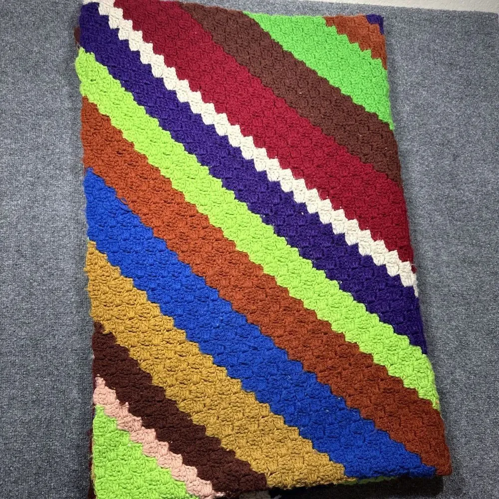 Knit‎ Afghan Blanket Throw 75X 53 Multi Color Stripes Striped Hand Made Granny
